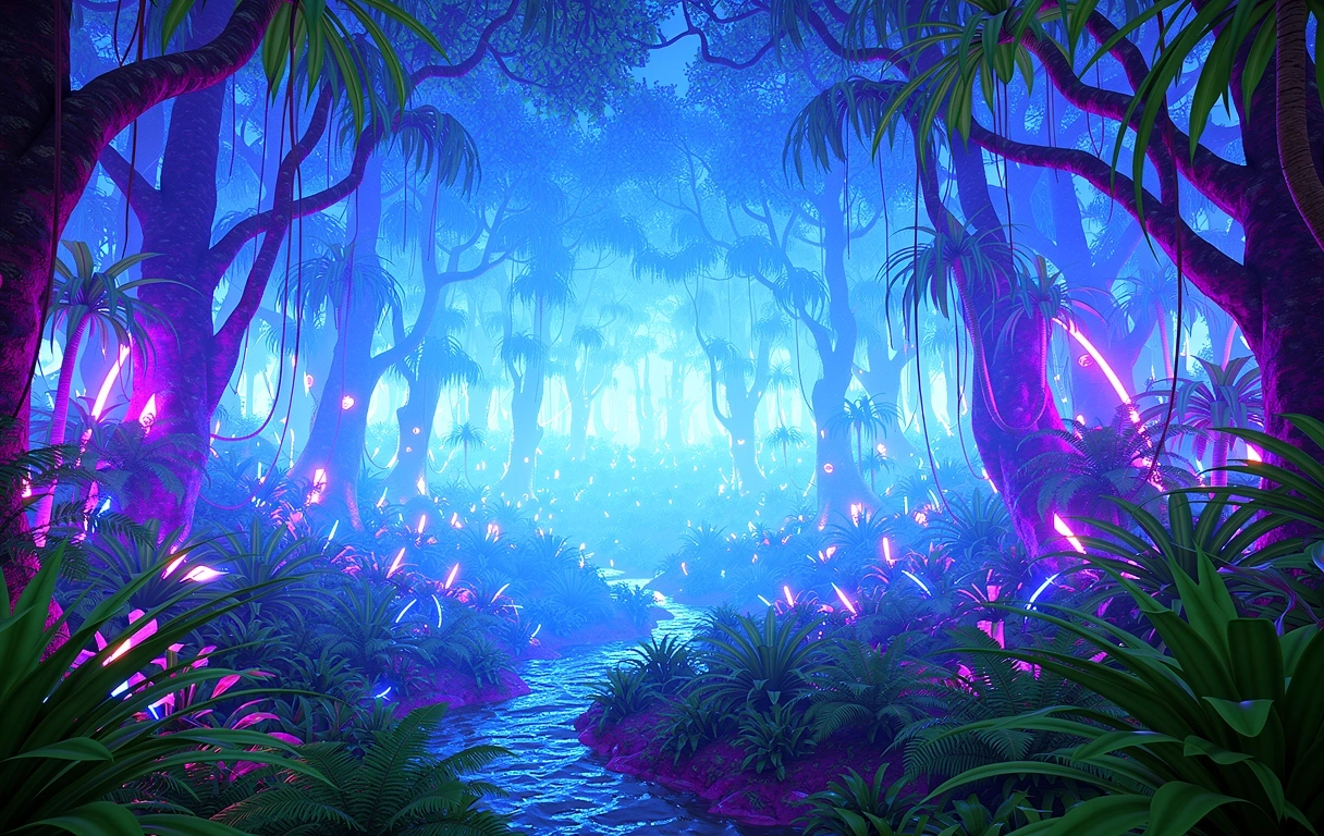 Neon Jungle environment art from Project Zenith